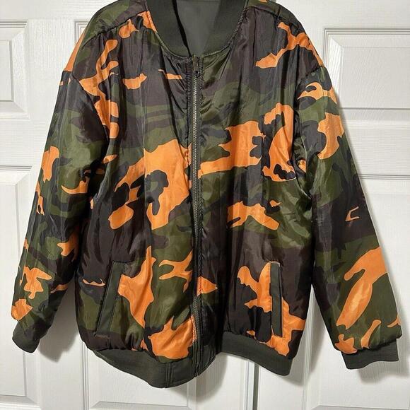 Haband Other - Vtg Camo Bomber Jacket Mens XL Reversible Blaze Orange Duck Camo PVC Shell